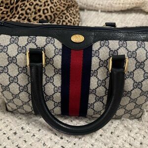 GUCCI Navy Monogram GG Canvas Stripe Satchel - Pre-Loved Vintage